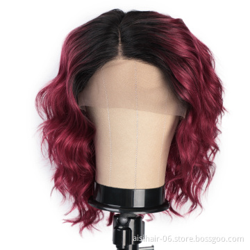 Aisi Hair 100% Human Hair Short Bob Ombre Red Swiss Lace Wigs Body Wave Brazilian Human Hair Lace Front Wigs For Black Women